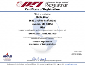 Certification Delta Gear ISO9001 2015 AS9100D